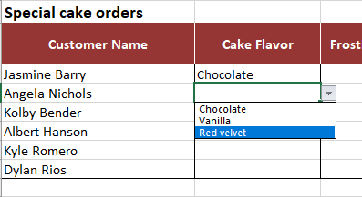Drop-down list in spreadsheet with cake flavor options