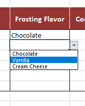 Drop-down list in spreadsheet with frosting flavor options