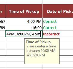 Incorrect and correct formatting for time entry