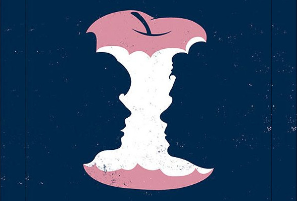 two silhouettes create an apple core using negative space
