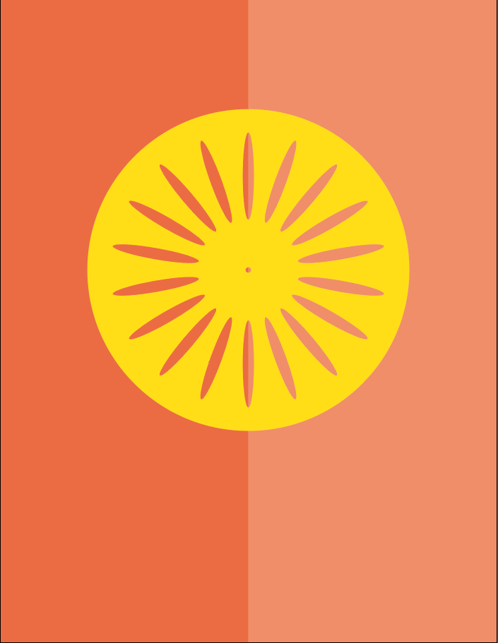 poster with dark orange and light orange background with yellow terrace chair