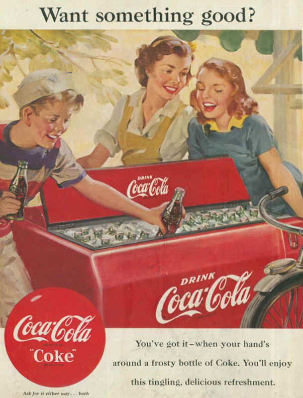 coca cola ad from the 1950s depicting middle class family reaching out for a coke