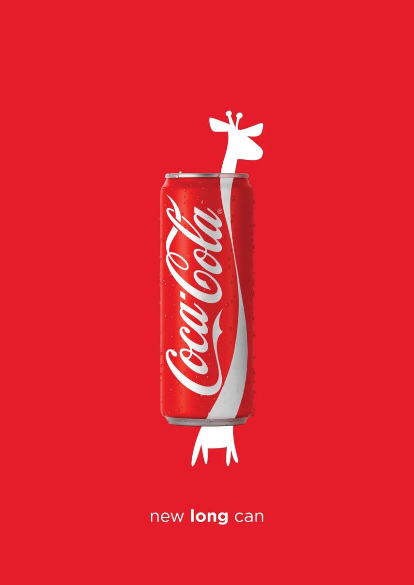 coca cola ad from the 2010s depicting new tall coke can with giraffe reference in minimalistic style