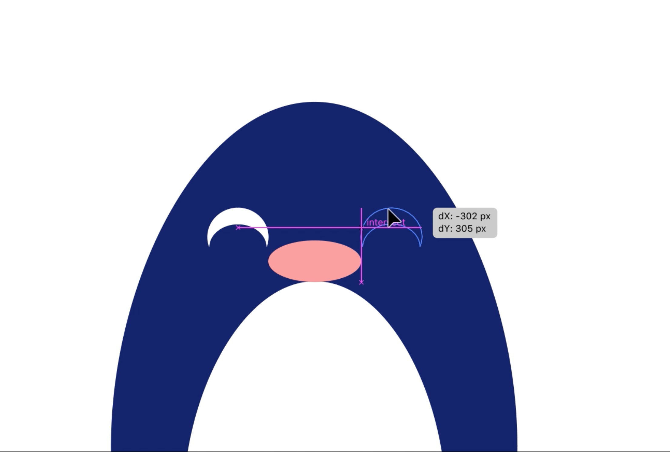 The right eye is alligned with the center of the left eye and with the end of the beak