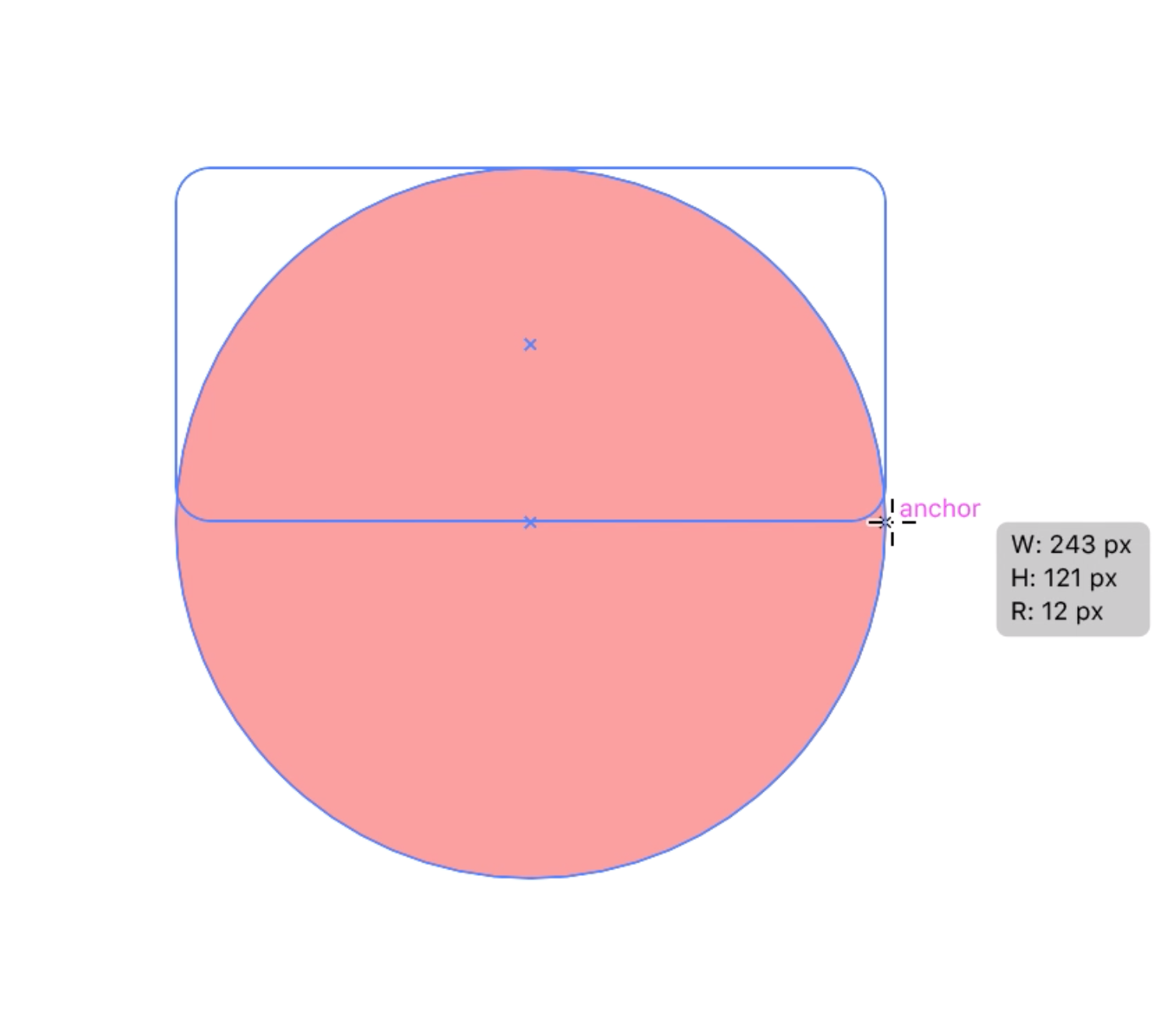 After dragging the rounded rectangle out, the cursor is located at the anchor point of the circle