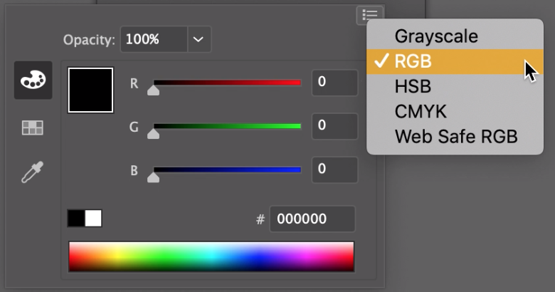 Panel showing the different types of color modes