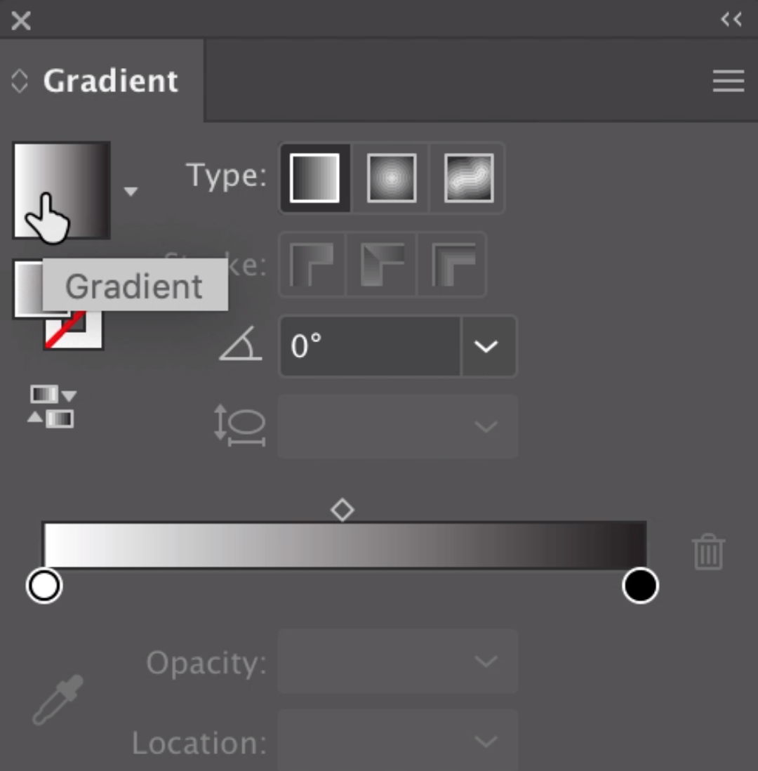 The Gradient panel with options for color and angle