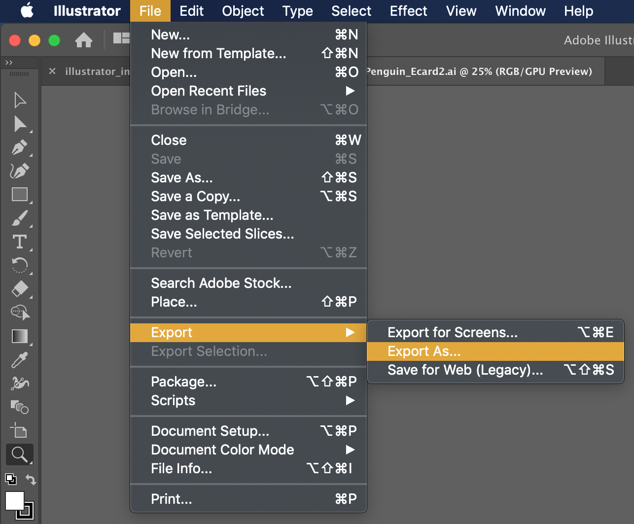 A screenshot showing File > Export > Export As... selected