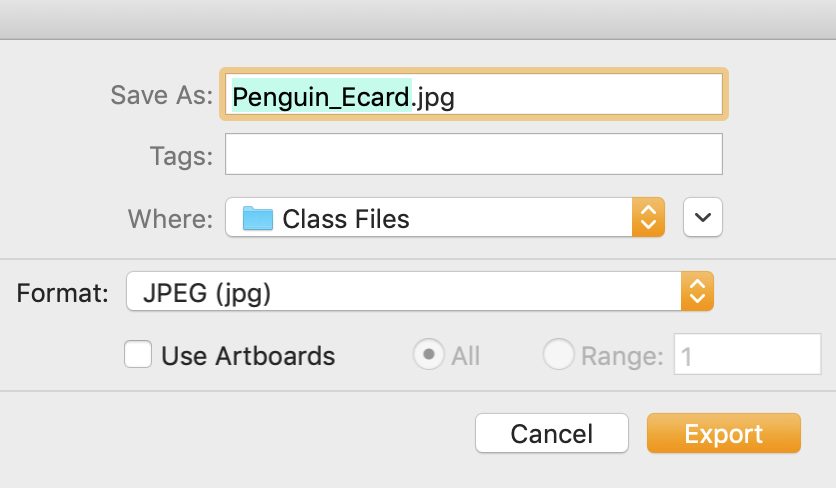 Menu settings: Save As:Penguin_Ecard.jpg, Where:Class Files, Format:JPEG