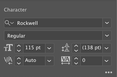 In the Properties Panel, the font is set to Rockwell and the font size is 115.