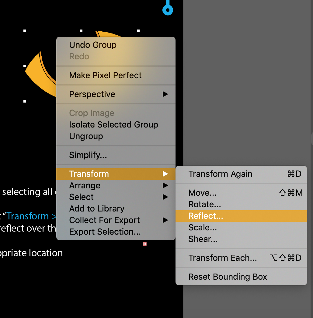 The transform and reflect options are selected from the two menus