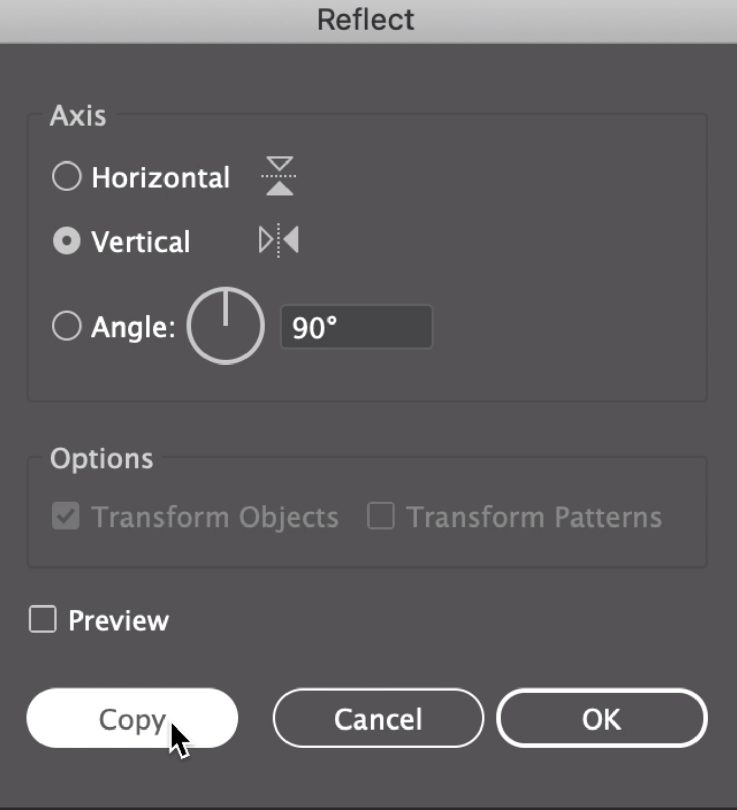 The axis is set to vertical and Copy option is selected