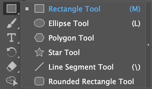 The tools panel showing the various tool options that can be hidden under a given tool icon and revealed by clicking and holding