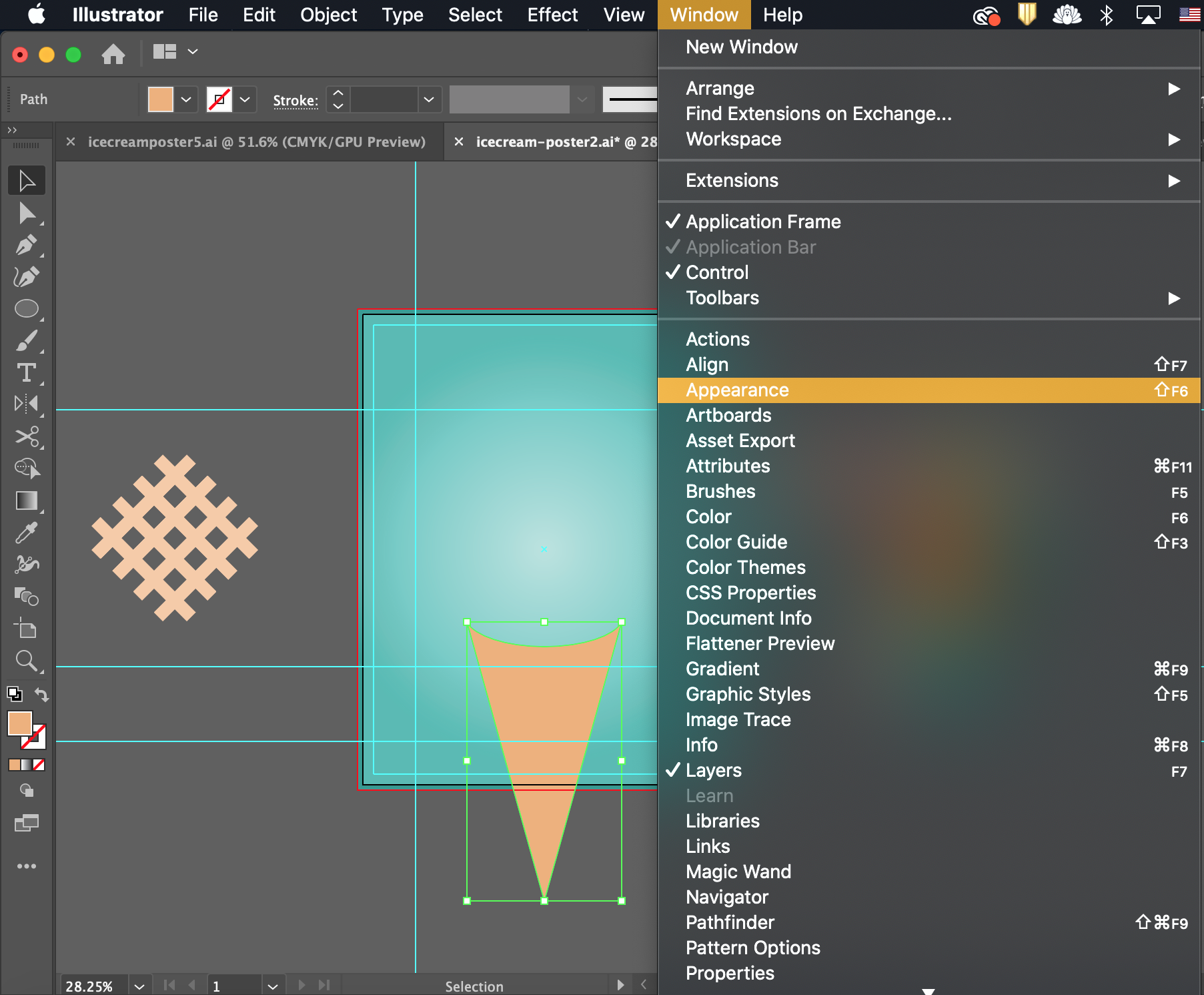 Cone selected, Window Menu expanded with 'Appearance' selected