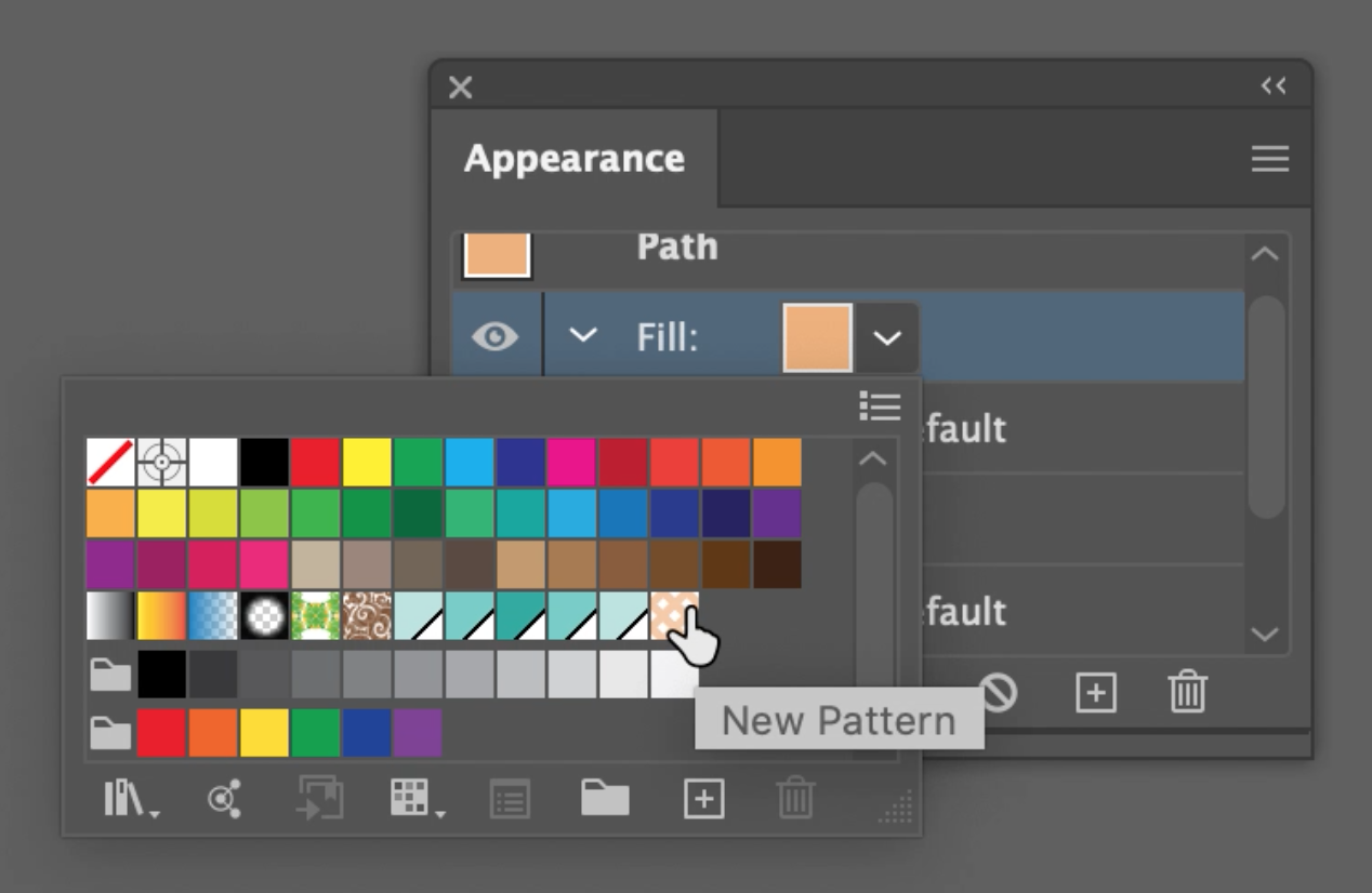 Appearance Panel with 'Fill' color expanded and 'New Pattern' (Waffle pattern) selected