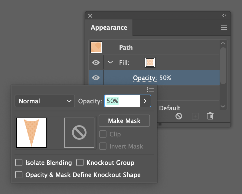 Appearance Panel with 'Fill' Opacity clicked and set to 50%