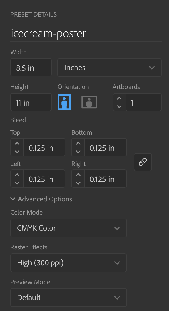 Document settings: Units= Inches, Height: 11 inches, Width: 8.5 inches, Orientation= Portrait, Bleed= 0.125 inches, Color Mode: CMYK