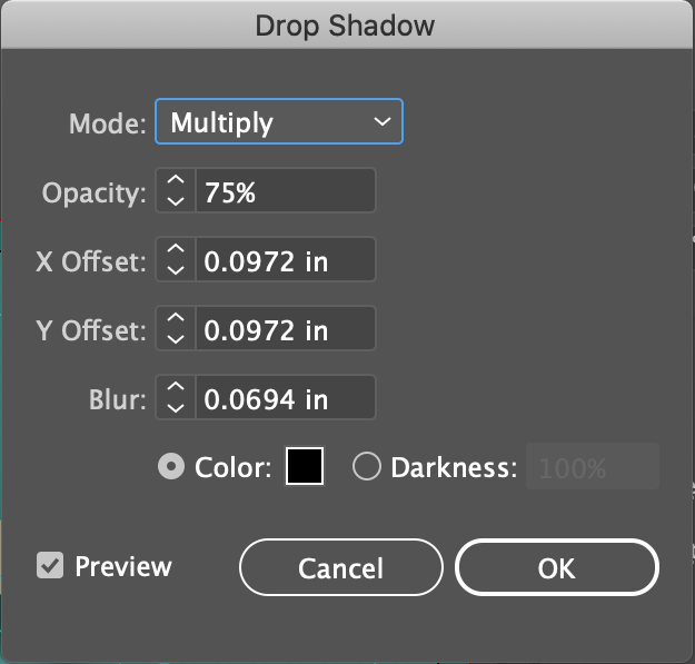 Drop Shadow dialog box with Mode 'Multiply', Opacity 75%, X and Y Offset: .0972 in, Blur: .0694, and Color selected