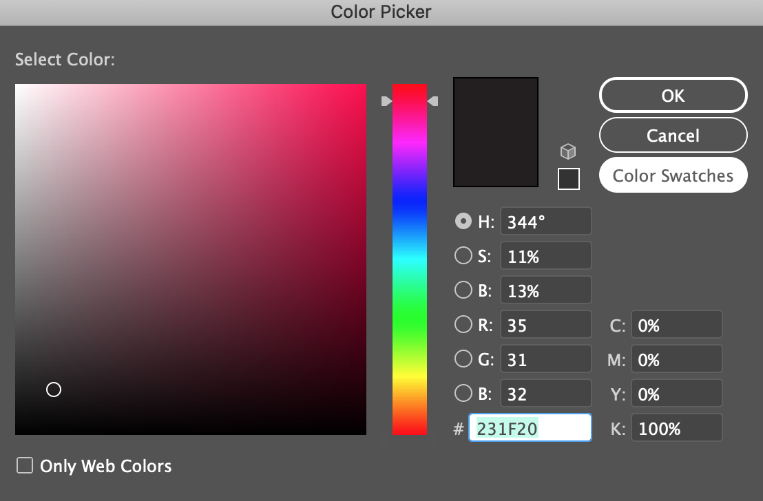 Color Picker dialog box with 'Color Swatches' clicked on