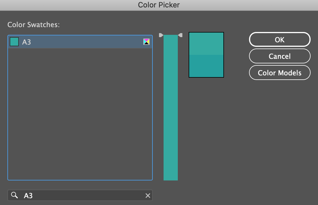 Color Picker dialog box with Color Swatches selected and 'A3' chosen for drop shadow color