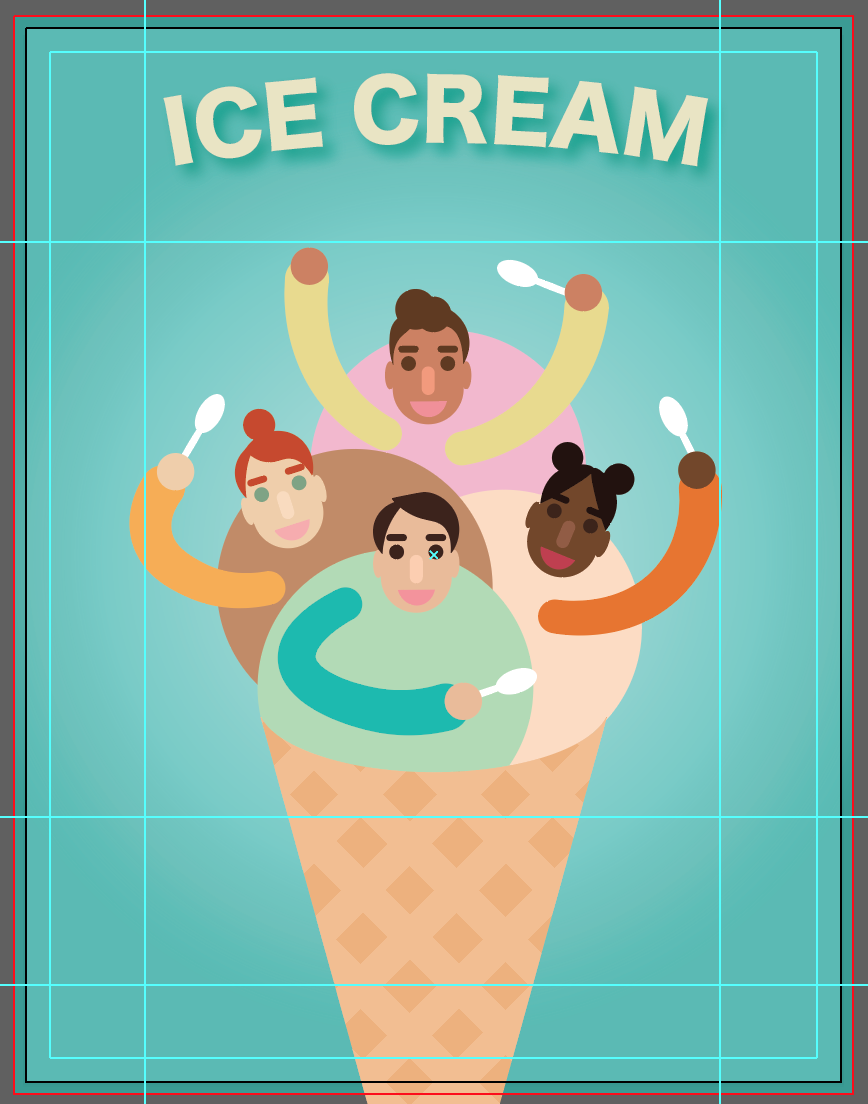 Poster progress with blue background, ice cream people holding spoons, and 'ICE CREAM' title