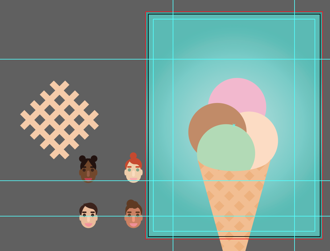 Four faces positioned next to the Waffle graphic and artboard with blue rectangle background and ice cream cone with four scoops