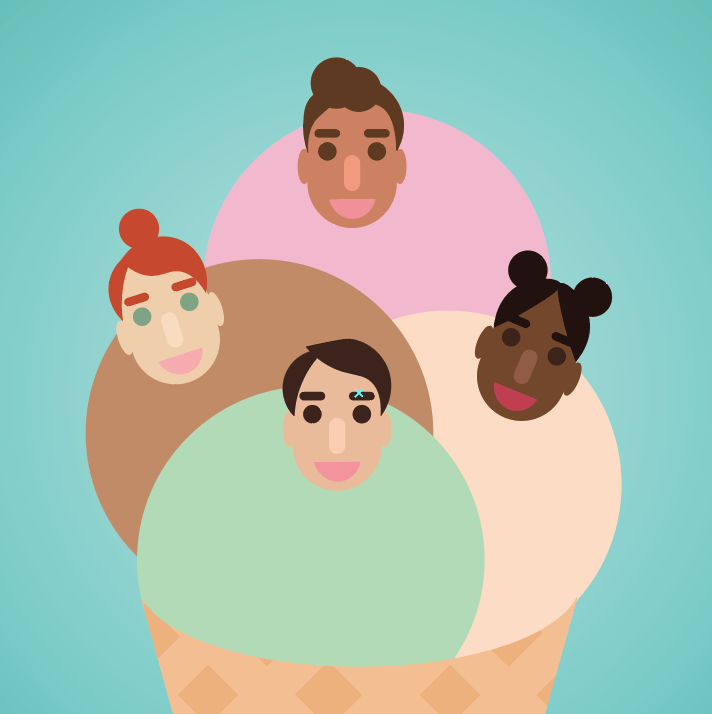 Close-up on ice cream 'scoops' with faces positioned on top of each ellipse