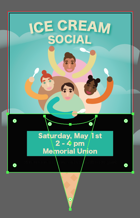 Ice Cream Social poster with blue background, clouds, ice cream people holding spoons and date and time at the bottom. There is a black rectangle covering the bottom third of the poster.