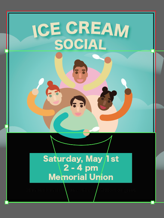 Ice Cream Social poster with blue background, clouds, ice cream people holding spoons and date and time at the bottom. There is a black rectangle covering the bottom third of the poster. The bottom part of the cone that wasn't overlapping with the black box has been removed