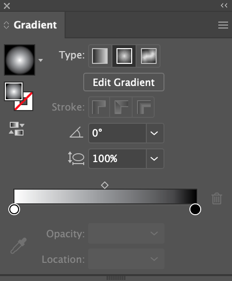 Gradient Panel with Radial Gradient selected next to Type. Gradient color is white to black