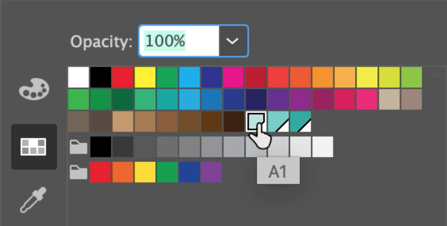 Swatch Panel with saved swatches. Swatch 'A1' is selected.