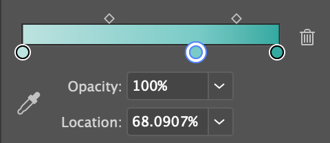 Gradient slider with colors (from left to right) 'A1', 'A2', and 'A3', 'A2' is selected and positioned slightly closer to 'A3' with Opacity 100%, and exactly Location 68.0907%