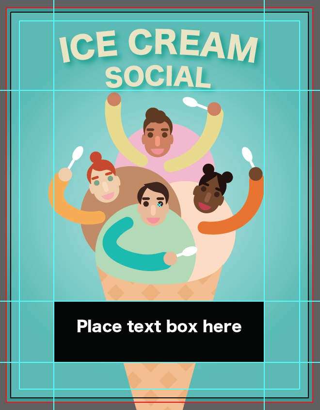 Ice Cream Social poster with blue background and ice cream people holding spoons. There is a black box towards the bottom of the poster with text 'Place text box here'