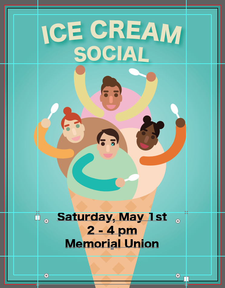 Ice Cream Social poster with blue background and ice cream people holding spoons. There is text near the bottom that says 'Saturday, May 1st, 2-4pm, Memorial Union' in black