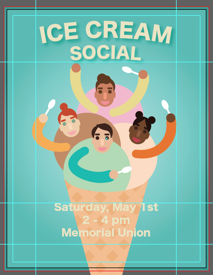 Ice Cream Social poster with blue background and ice cream people holding spoons. There is text near the bottom that says 'Saturday, May 1st, 2-4pm, Memorial Union' in cream