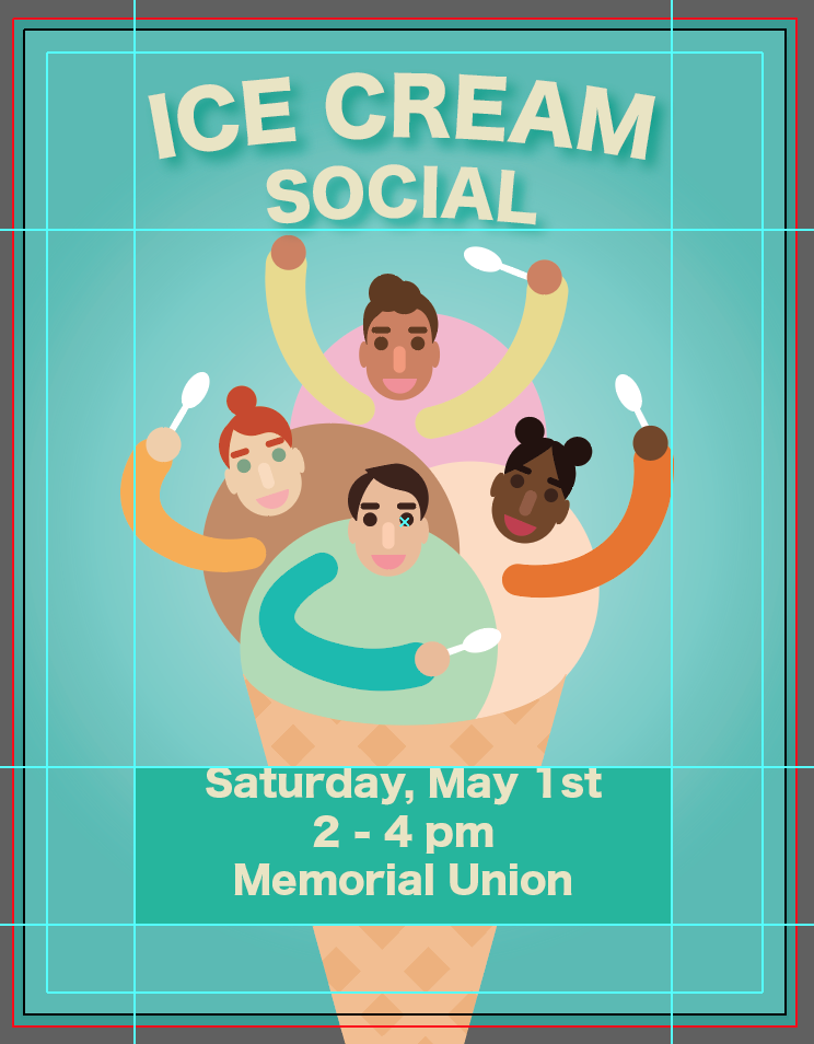 Ice Cream Social poster with blue background and ice cream people holding spoons. There is text near the bottom that says 'Saturday, May 1st, 2-4pm, Memorial Union' in cream with a green rectangle behind it