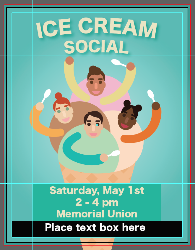 Ice Cream Social poster with blue background and ice cream people holding spoons. There is text near the bottom that says 'Saturday, May 1st, 2-4pm, Memorial Union' in cream with a green rectangle behind it. There is a black rectangle the width of the poster at the bottom with 'Place text box here' written