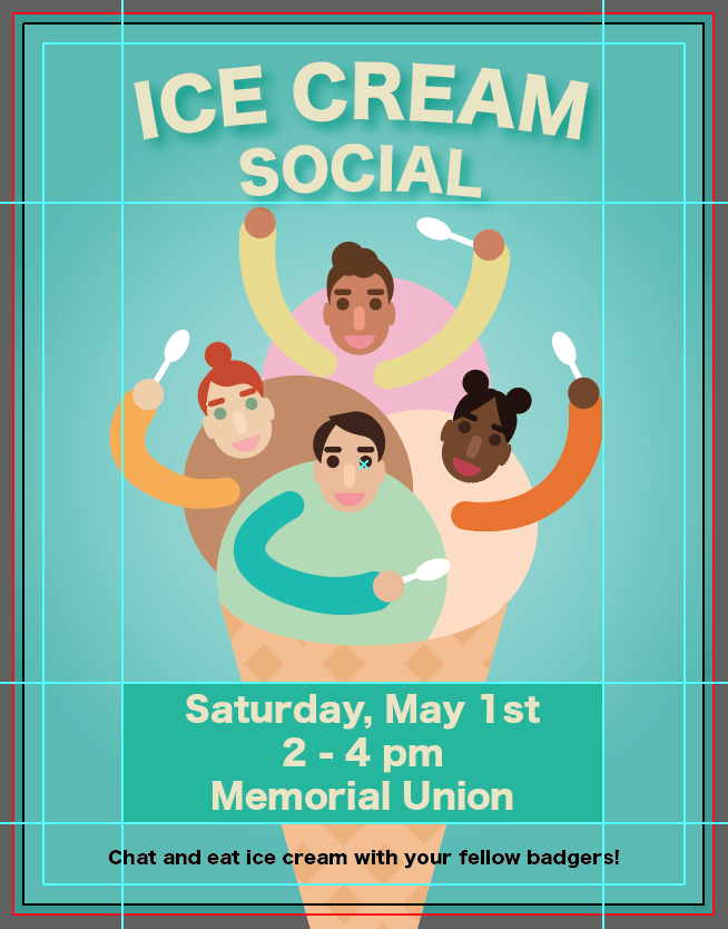 Ice Cream Social poster with blue background and ice cream people holding spoons. There is text near the bottom that says 'Saturday, May 1st, 2-4pm, Memorial Union' in cream with a green rectangle behind it. 'Chat and eat ice cream with your fellow badgers!' is written right under in black.