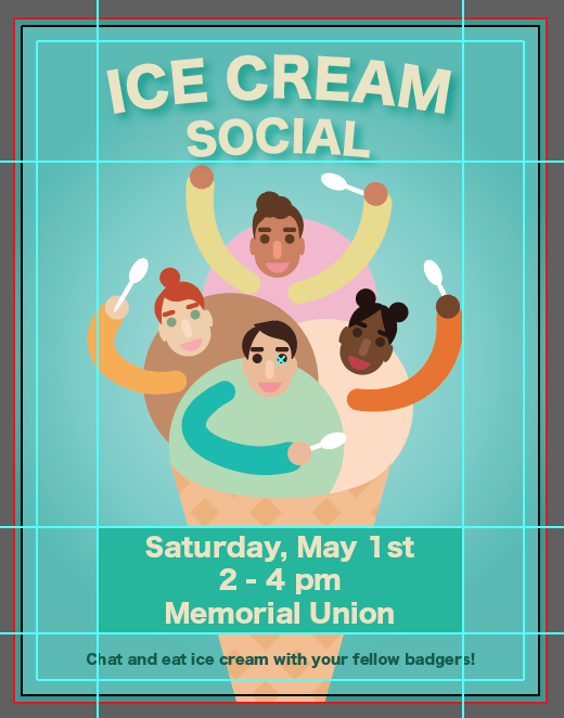 Ice Cream Social poster with blue background and ice cream people holding spoons. There is text near the bottom that says 'Saturday, May 1st, 2-4pm, Memorial Union' in cream with a green rectangle behind it. 'Chat and eat ice cream with your fellow badgers!' is written right under in green.