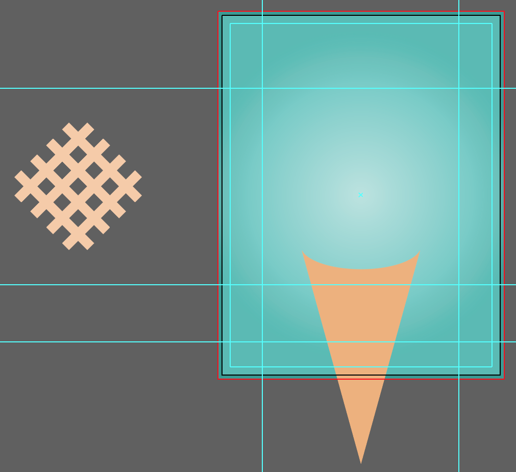 Waffle pattern positioned next to artboard with blue rectangle background, guides, and cone