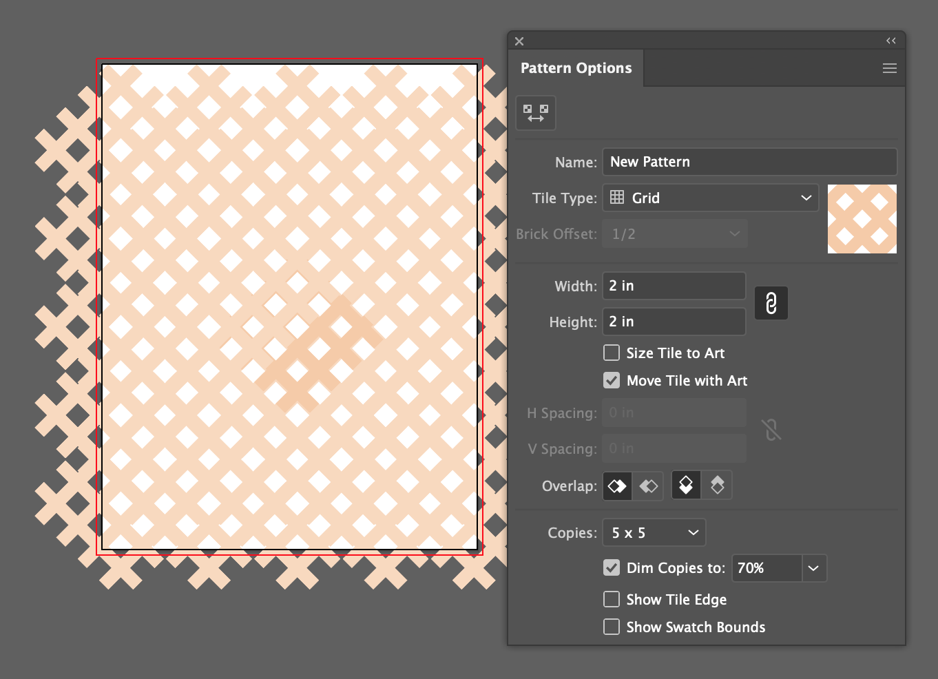 Pattern Options Panel with Name: New Pattern, Tile Type: Grid, Width: 2 in, Height: 2 in