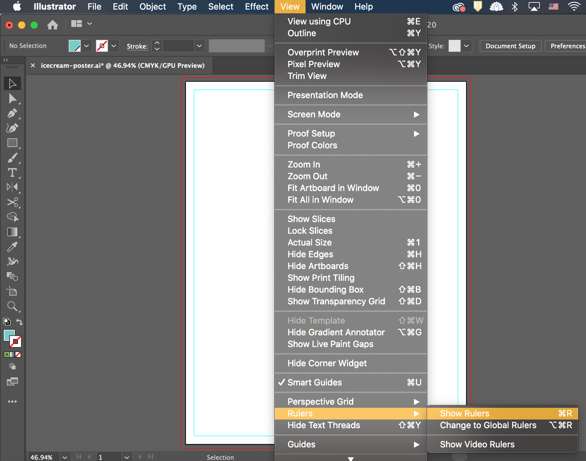 View Menu expanded with 'Rulers' selected and 'Show Rulers' also selected