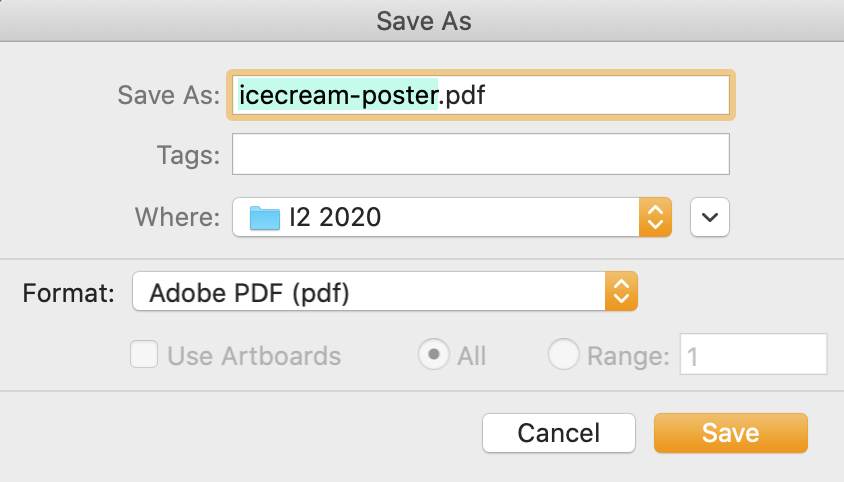 Save As dialog box. The project is title 'icecream-poster' and the Format is Adobe PDF