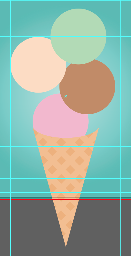 Close-up on waffle cone with pink ellipse 'scoop' positioned to the left, brown ellipse 'scoop' positioned to the right a bit higher, cream ellipse 'scoop' positioned above the pink ellipse, mint ellipse 'scoop' positioned above between the cream and brown ellipses