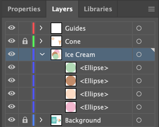 Layers Panel with 'Ice Cream' layer selected and expanded to reveal the four sublayers with the different ellipses