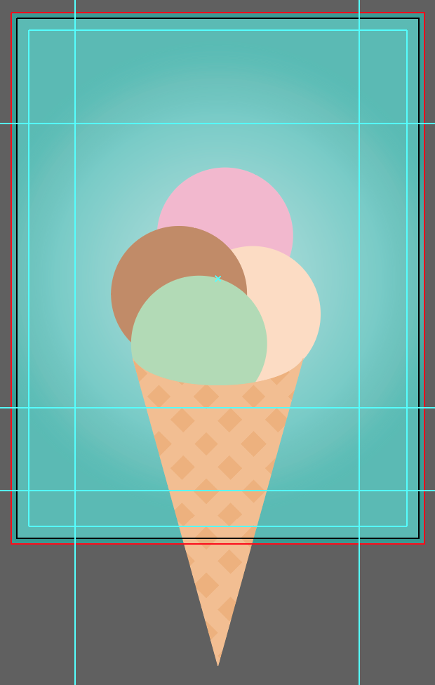 Final positioning of the ice cream ellipse 'scoops' with mint at the bottom, brown slighty to the left, pink at the highest point, and cream to the right.