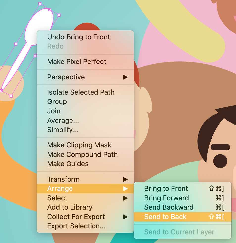 Right-clicked spoon, Menu with 'Arrange' and 'Send to Back' selected