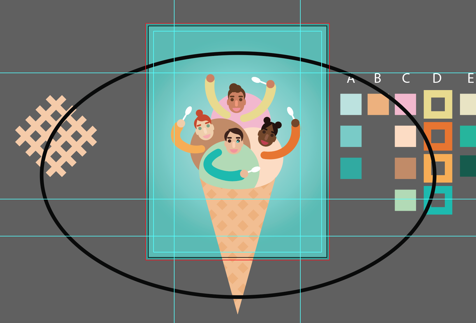 Artboard with blue background and ice cream people zoomed out, with ellipse outline covering most of the artboard. Waffle pattern and color swatches are beside the artboard.