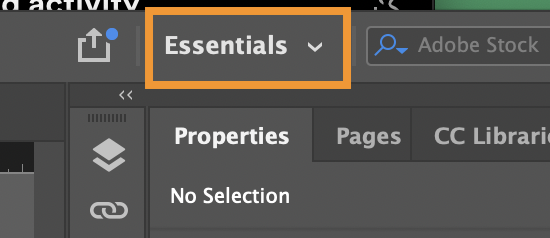 screenshot on where to find the varying workspaces. Currently shows Essentials.