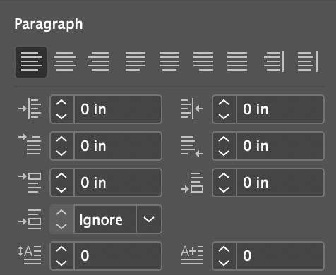 paragraph options expanded within properties panel
